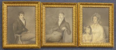 Early 19th century French School3 pencil and coloured chalk works on paper,Portraits of members of