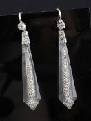 A pair of 1930`s style white gold and diamond set rock crystal drop earrings, overall 2.5in.