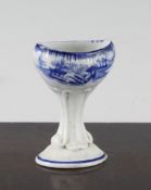 A rare Spode blue and white pottery eye bath, transfer printed in blue with a pagoda and bridge