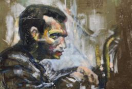 Lyall Watson (1900-1979)oil on board,Harold Pinter in `The Caretaker`,painted on set and signed by