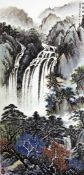 Shen Jian - Two Chinese scroll paintings, depicting mountainous river landscapes, 54in. x 27.4in. (