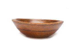 A VICTORIAN SYCAMORE DAIRY BOWL, FIRST HALF OF THE 19TH CENTURY, with a metal liner, 46cm diameter