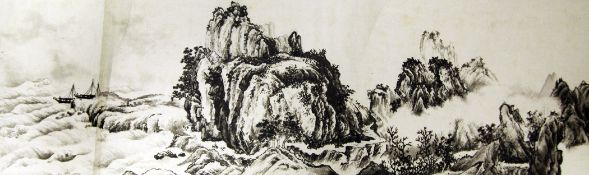 A Chinese School panoramic landscape scroll painting, painted in black ink with mountainous river