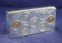 A Victorian silver cigarette box, with lid inset with five silver and two Italian Carlo Alberto