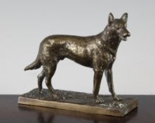 A late 19th century German bronze model of an Alsatian, on rectangular base, marked underneath