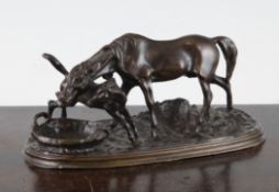 After Pierre Jules Mene (1810-1879). A 19th century bronze miniature group of a mare and foal by a