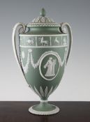 A Wedgwood sage green jasper oviform vase and cover, 19th century, with zodiac, swag and classical