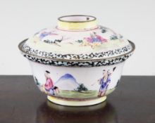 A Canton enamel rice bowl and cover, late 19th / early 20th century, painted with scholars and