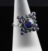 A 20th century Arts & Crafts 9ct white gold, sapphire and cabochon chrysoprase set cluster dress