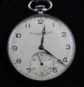 A 1940`s/1950`s? stainless steel International Watch Company keyless pocket watch, with Roman dial