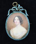 Victorian Schooloil on ivory,Miniature of a lady,indistinctly signed,2.25 x 1.75in turquiose inset