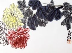 Attributed to Qi Baishi (1863-1957), three watercolours on paper, flower studies, inscribed and