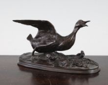 After Pierre Jules Mene (1810-1879). A 19th century bronze miniature group of a goose and