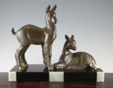 A 1930`s patinated metal figure group of two fawns and a bird, on a rectangular marble base,