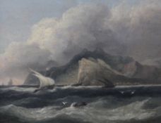 Thomas Luny (1759-1837)oil on wooden panel,`Off Cape Lanedia, Greece`,signed and dated 1833,9 x 11.