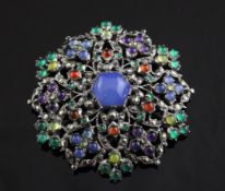 A 20th century Arts & Crafts silver, marcasite and multi gem open work brooch, attributed to Sibyl