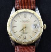 A gentleman`s 1950`s stainless steel and gold Rolex Oyster Perpetual Datejust "Thunderbird" wrist