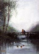 Sarah Louise Kilpack (1839-1909)pair of oils on canvas,Figures on a footbridge and In a punt,