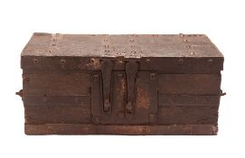 AN OAK AND IRON BOUND TRAVELLING CHEST, MID 16TH CENTURY, the central inner division flanked by four