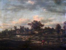 After Morlandoil on canvas,Figures, sheep and horses in a landscape,14 x 19.5in.