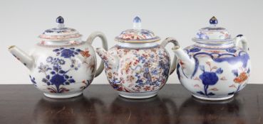 Two Chinese Imari globular teapots and covers and a similar clobbered example, first half 18th