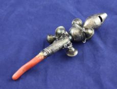 A George III silver child`s rattle by Peter, Ann & William Bateman, with coral teether, whistle