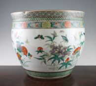 A Chinese famille verte jardiniere, late 19th / early 20th century, painted with a continuous design