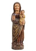 A CARVED WOOD AND POLYCHROME DECORATED FIGURE, EARLY 16TH CENTURY, PROBABLY SPANISH, of the Virgin