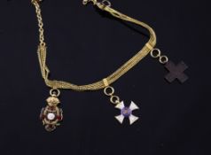A late 19th century French 18ct gold and enamel bracelet, hung with three miniatures military