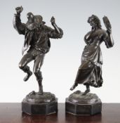 A pair of 19th century patinated bronze musical figures, one of a dancing male, the other a young