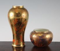 A Wedgwood Fairyland lustre coral and bronze 2046 vase and 2308 vase, c.1924, the baluster vase