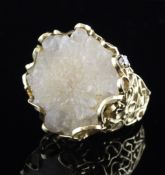A Don Cooper gold, rough cut quartz and diamond set dress ring, with pierced scroll setting, size S