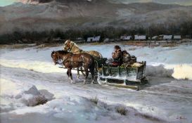 Lajos Markos (1917-1993)oil on canvas,Horse drawn sled passing a township,signed,24 x 36in.