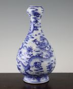 A Chinese blue and white garlic neck vase, painted with dragons amid clouds, 10.6in. (27cm)