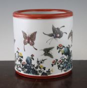A Chinese famille rose brush pot, Yongzheng seal mark, 20th century, finely painted with