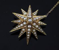 A late Victorian 18ct gold and split pearl set starburst brooch, maker`s mark SS, 1.5in.
