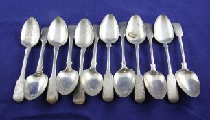 Two sets of six 19th century fiddle pattern dessert spoons, with engraved armorial and monogram or