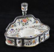 A French faience and pewter mounted inkstand, 19th century, painted with polychrome floral sprays,