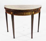 A George III mahogany and rosewood crossbanded demi lune folding card table, with square section