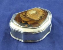 A George III silver snuff box with inset cappuccino banded agate lid by Hester Bateman, of shaped