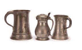 A GEORGIAN PEWTER QUART TANKARD, with fleur de lys and GR touch mark, also marked Quart, with single