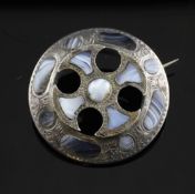A Scottish silver and hardstone brooch, of circular form, with cruciform centre, unmarked, 1.25in.