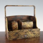 A Japanese lacquer smoker`s set, Meiji period, comprising a single drawer stand, a jar and cover and