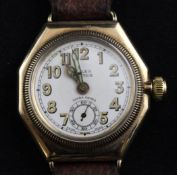 A gentleman`s 1930`s 9ct gold Rolex Oyster Ultra Prima manual wind wrist watch, with octagonal