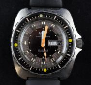 A gentleman`s stainless steel Camy Superautomatic diver`s wrist watch, with black dial and