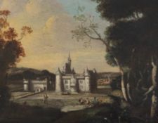 Manner of Peter Tillemans (1684-1734)oil on wooden panel,Wooded landscape with chateau and horse