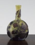 A Galle cameo glass bottle-shaped vase, decorated bell-flowers, etched signature, 4.4in.