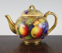 A Royal Worcester fruit painted globular teapot and cover, date code for 1924, painted by Albert