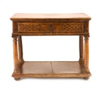A SPANISH OAK AND WALNUT SIDE TABLE, MID 17TH CENTURY, the later planked top above a strapwork