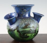 A C.H. Brannam, Barum globular bulb vase, c.1900, decorated with stylised fish, predominantly on a